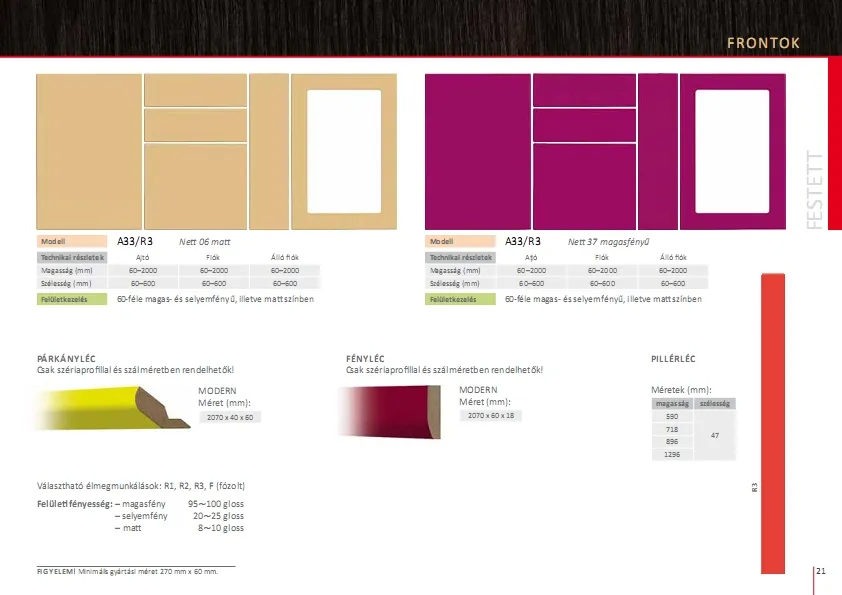 Festett felületű modellek, fényléc, párkányléc, pillérléc